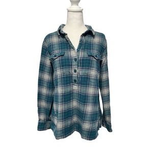 EUC Patagonia Plaid Flannel Popover Shirt 1/2 Button Women 10 Teal Blue Purple